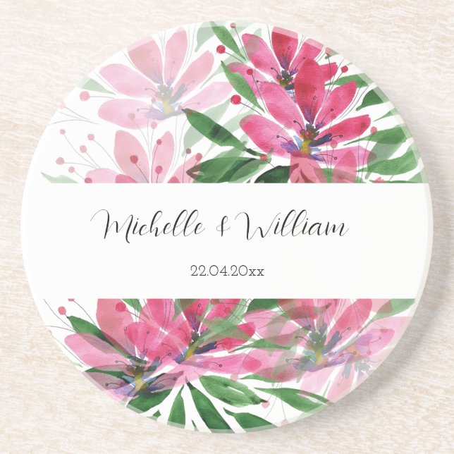 Dessous De Verre En Grès Aquarelle Florale Boho rose Monogramme (Devant)