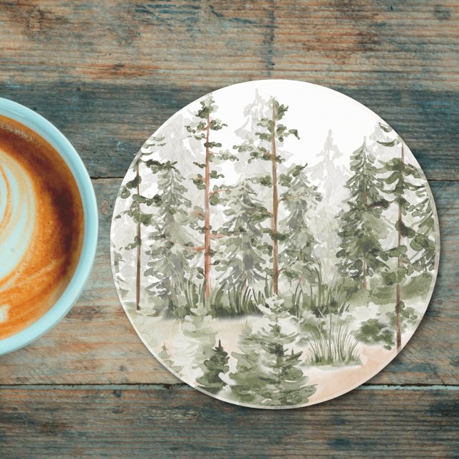 Dessous De Verre En Grès Aquarelle Forêt verte rustique (In situ)