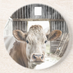 Dessous De Verre En Grès Aquarelle Hereford Vache dans la grange