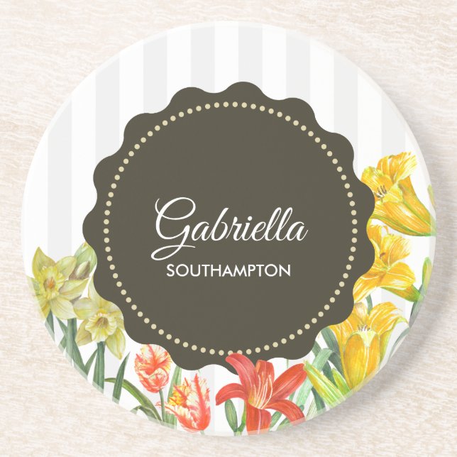 Dessous De Verre En Grès Aquarelle Jaune Orange Fleurs de printemps (Devant)