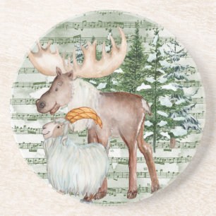 Dessous De Verre En Grès Aquarelle mignonne Oie et chèvre d'hiver