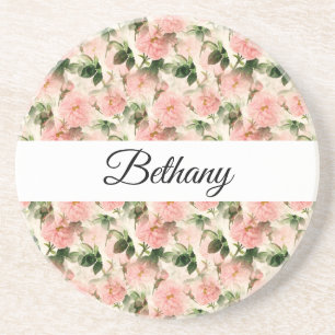 Dessous De Verre En Grès Aquarelle Vintage Rose Motif de fleurs Monogramme
