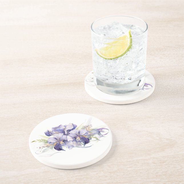 Dessous De Verre En Grès Aquarelle violet Iris Bouquet (Côté)