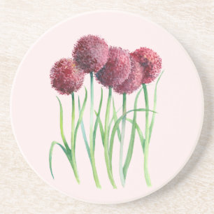 Dessous De Verre En Grès Aquarelle violet rose Allium Peinture botanique