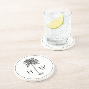 Dessous De Verre En Grès Arbre de palmier Palmetto noir et blanc monogrammé