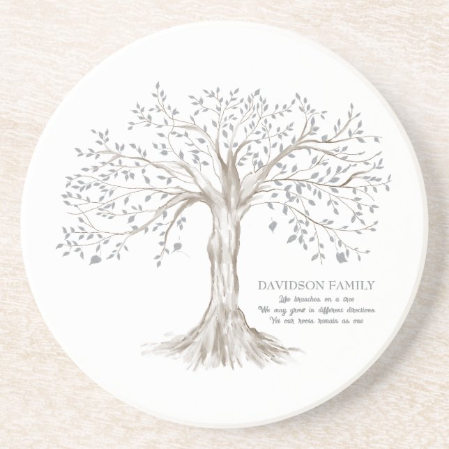 Dessous De Verre En Grès Arbre Familial Personnalisé Avec Citation Blanc (Devant)