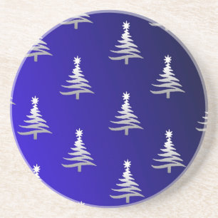 Dessous De Verre En Grès Arbres de Noël Argent sur Bleu Cobalt