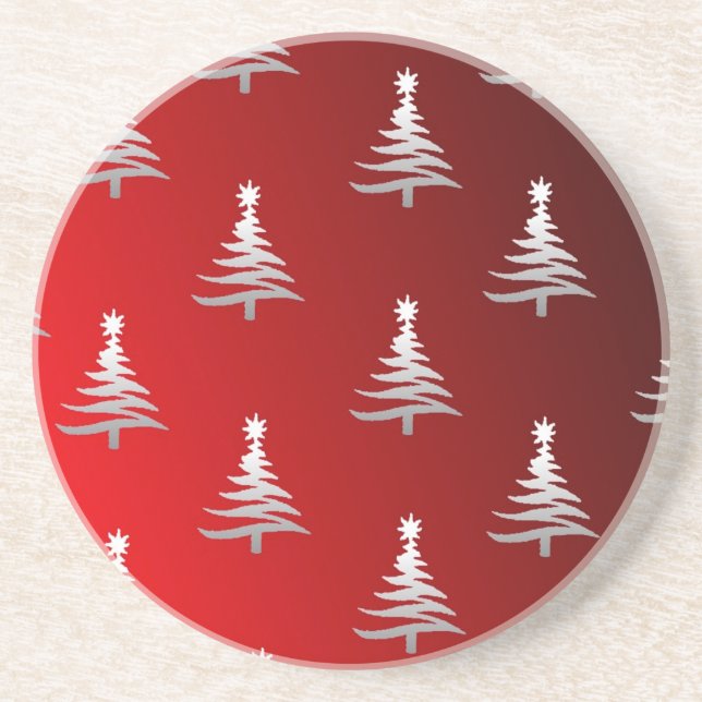 Dessous De Verre En Grès Arbres de Noël en argent sur rouge (Devant)