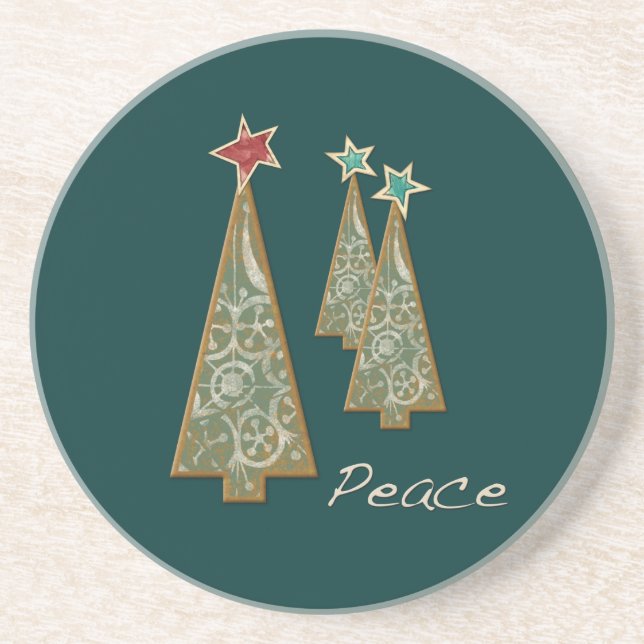 Dessous De Verre En Grès Arbres de Noël-Paix/Vert (Devant)