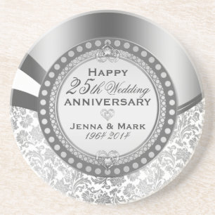 Dessous De Verre En Grès Argent et blanc Damas 25 Anniversaire Mariage