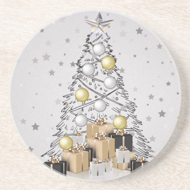 Dessous De Verre En Grès Argent Gold et Arbre de Noël Noir (Devant)