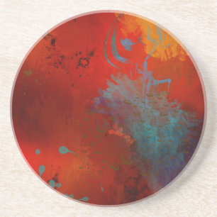 Dessous De Verre En Grès Art abstrait numérique grunge rouge, aqua et or