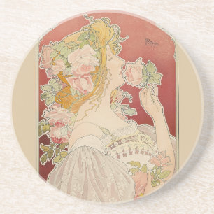 Dessous De Verre En Grès Art Nouveau Belle Époque Dame Roses Livemont
