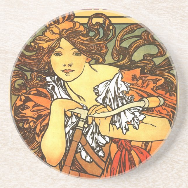 Dessous De Verre En Grès Art Nouveau Vélo Mucha Art (Devant)