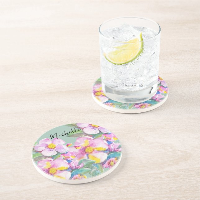 Dessous De Verre En Grès Artistic Peach Flowers Aquarelle Personnalisée (Côté)