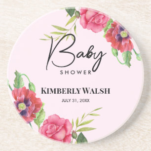Dessous De Verre En Grès Baby shower Fleurs rouges roses modernes sur rose 
