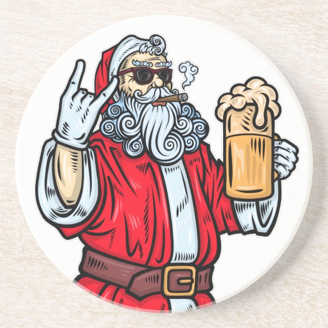 Dessous De Verre En Grès Bad Père Noël, Rock, Bière et Cigar (Devant)