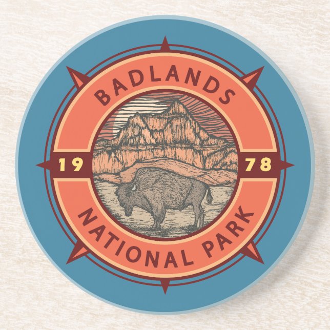 Dessous De Verre En Grès Badlands National Park Buffalo Retro Compass (Devant)