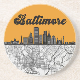 Dessous De Verre En Grès Baltimore Maryland City Skyline avec carte