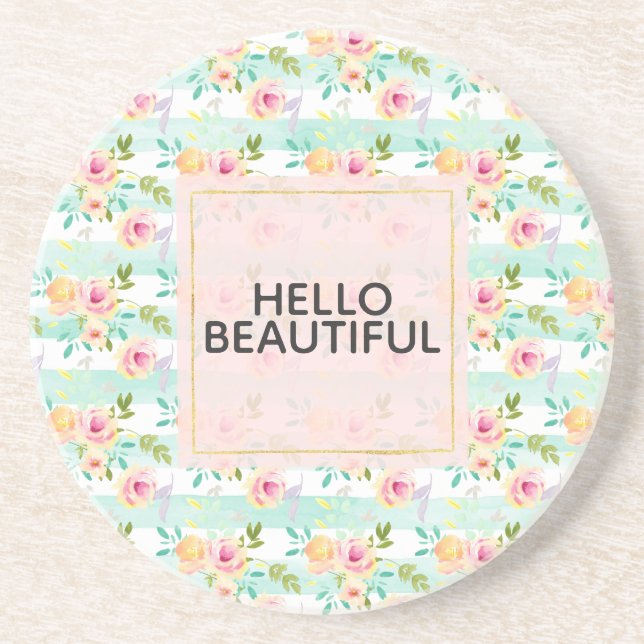 Dessous De Verre En Grès Bandes de menthe Floral Chic (Devant)