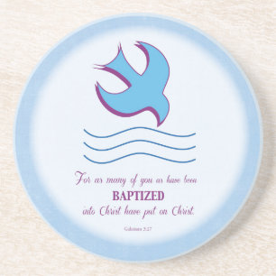 Dessous De Verre En Grès Baptême adulte Colombe sur fond bleu