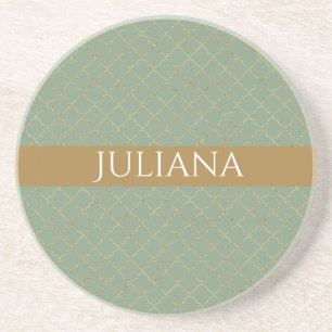 Dessous De Verre En Grès Basil Green Gold Quatrefoil Personnalisé