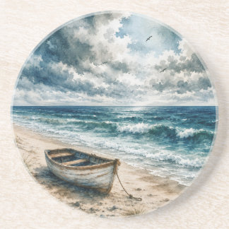 Dessous De Verre En Grès Bateau à rames patiné à l'aquarelle sur une plage 