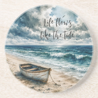 Dessous De Verre En Grès Bateau à rames patiné à l'aquarelle sur une plage 