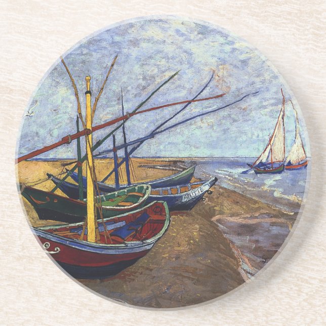 Dessous De Verre En Grès Bateaux de pêche sur la plage (Devant)