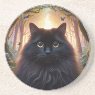 Dessous De Verre En Grès Beau Chat Noir Fluffy avec des Yeux Dorés