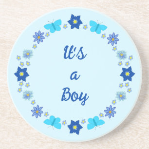 Dessous De Verre En Grès Bébé bleu Papillons et fleurs personnalisés