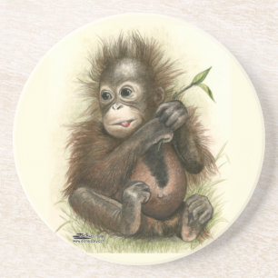 Dessous De Verre En Grès Bébé orang-outan avec des feuilles
