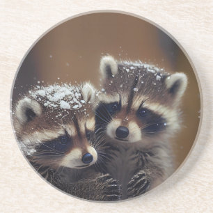 Dessous De Verre En Grès Bébé Raccoons se blottit dans la neige tombante