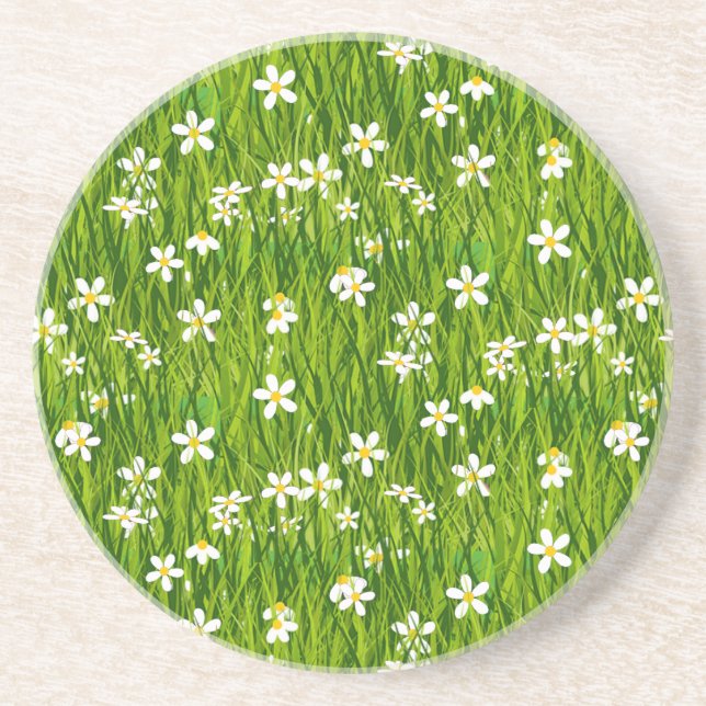 Dessous De Verre En Grès Belles fleurs blanches sur Feuilles verts (Devant)