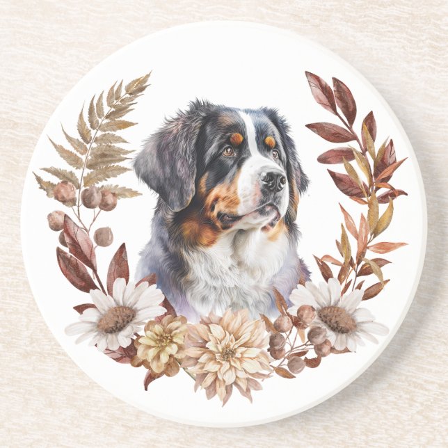 Dessous De Verre En Grès Bernese Mountain Dog - Wreath d'automne (Devant)
