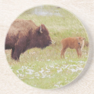 Dessous De Verre En Grès Bison et veau à Yellowstone