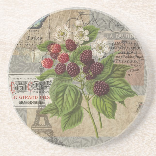 Dessous De Verre En Grès Blackberries Floral Garden Flower Papillon Art (Devant)
