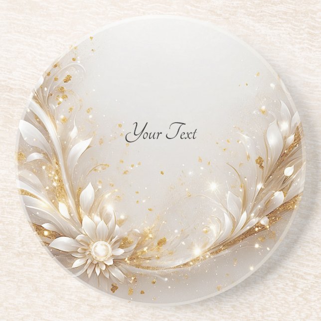 Dessous de verre en grès blanc à la florale d'or (Devant)