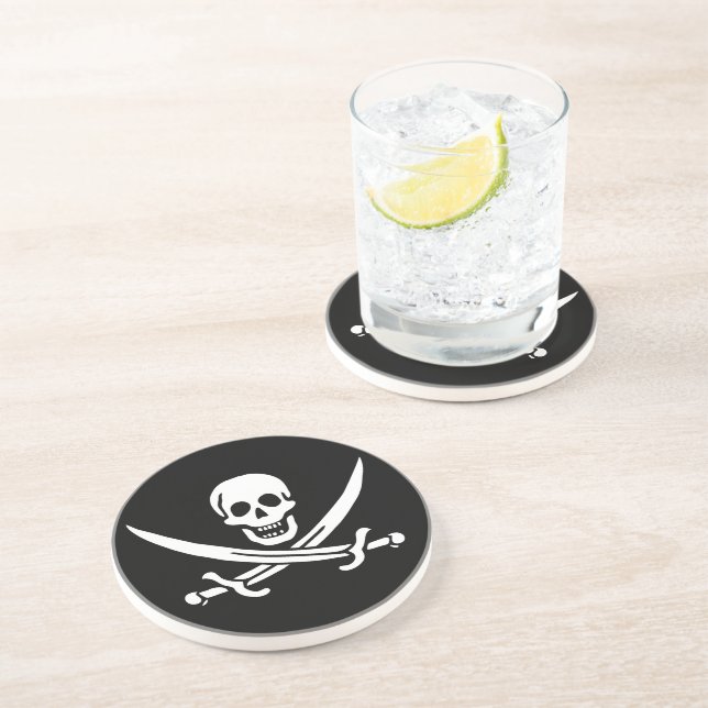 Dessous De Verre En Grès Blanc, Drapeau Pirate Calico Jack, Crâne & Cutlass (Côté)