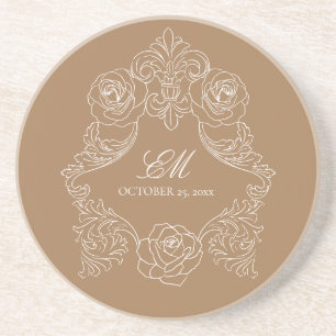 Dessous De Verre En Grès Blason de logo de mariage Brun Doré Poussiéreux Ro