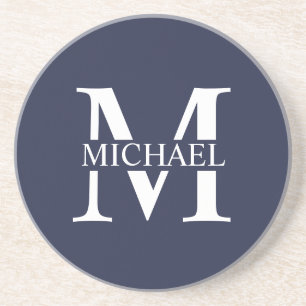 Dessous De Verre En Grès Bleu marine Monogramme personnalisé et nom