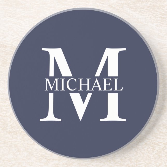 Dessous De Verre En Grès Bleu marine monogramme personnalisé et nom (Devant)