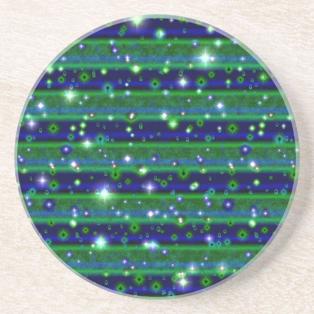 Dessous De Verre En Grès Bleu vert rayures avec étoiles et Raindrops (Devant)