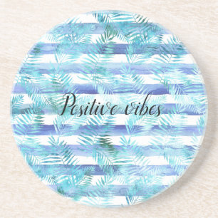 Dessous De Verre En Grès Blue Aqua White Watercolor Stripes Feuilles tropic