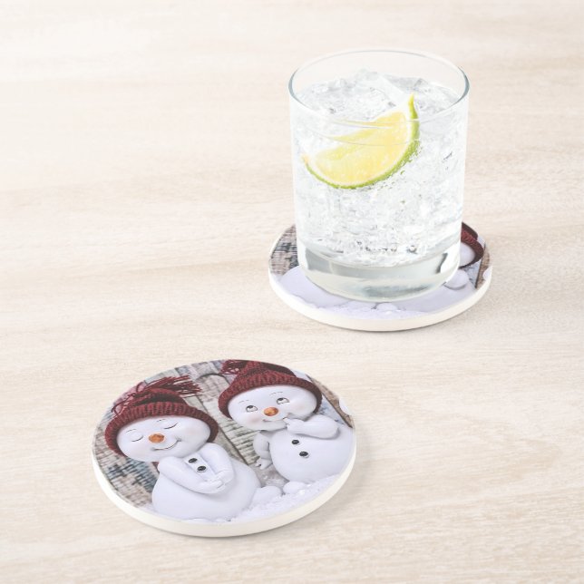 Dessous De Verre En Grès Blue Christmas mignon Snowman (Côté)
