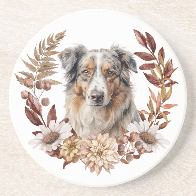 Dessous De Verre En Grès Blue Merle Australian Shepherd Dog Autumn Wreath (Devant)