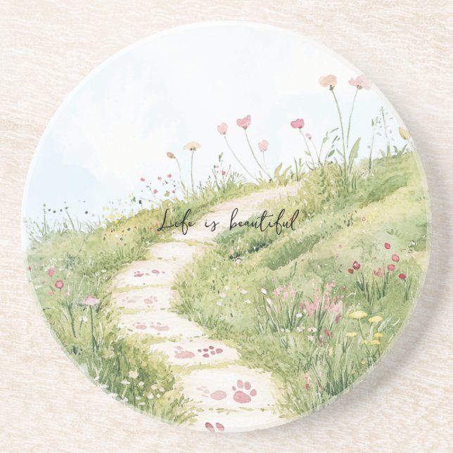 Dessous De Verre En Grès Blue Skies Grass Path Pink Flowers (Devant)