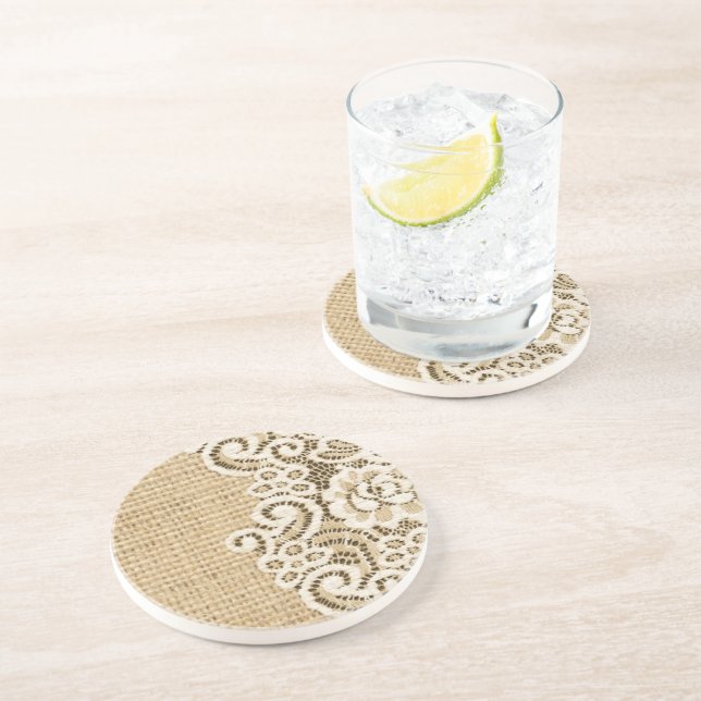 Dessous De Verre En Grès Bohème pays occidental rustique burlap et dentelle (Côté)