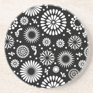 Dessous De Verre En Grès Boho fleurs Motif floral vectoriel noir et blanc