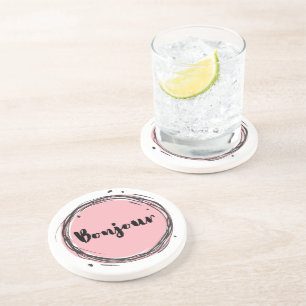 Dessous De Verre En Grès Bonjour en rose sur blanc